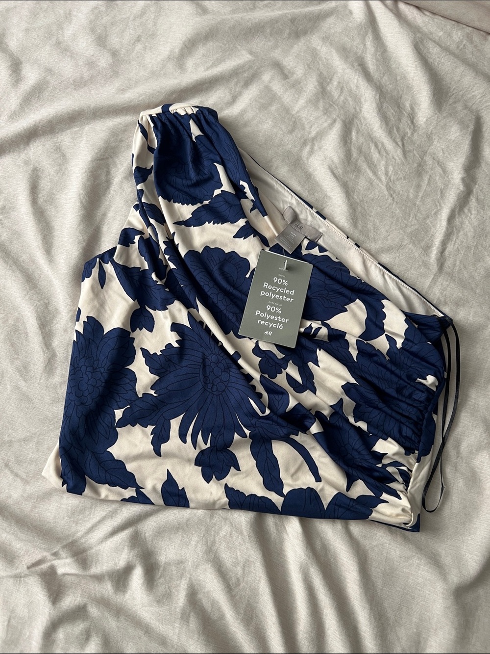 H&M Navy Blue and White Floral One-Shoulder Tank Top